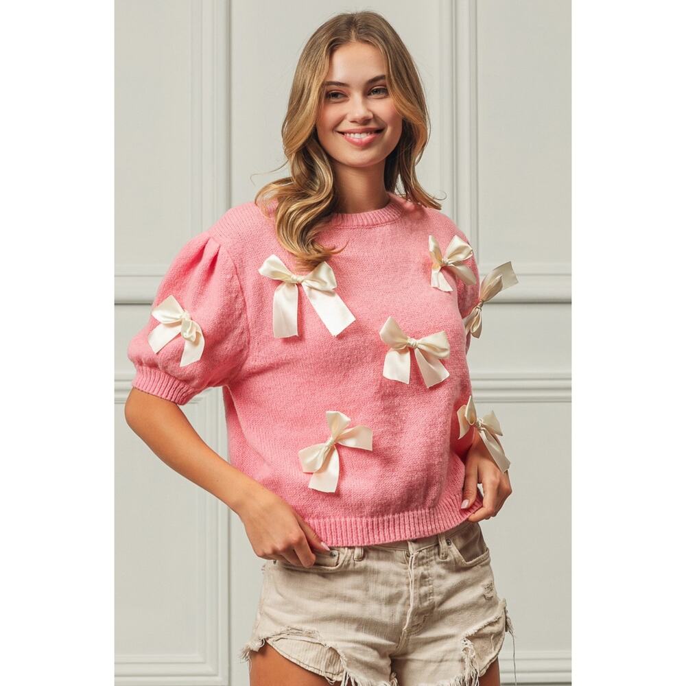 Pink Bow-Embellished Crew Neck Sweater - Picture 3 of 8